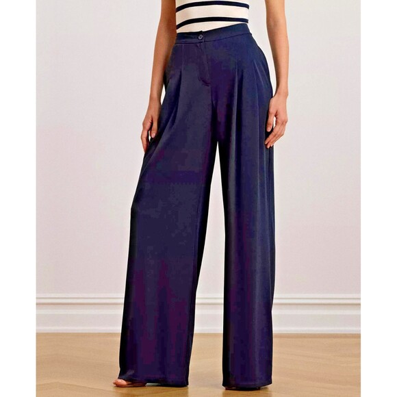 Lauren Ralph Lauren Pants - Lauren Ralph Lauren Women's Pleated Stretch Jersey Wide-Leg Pants Navy Blue 8